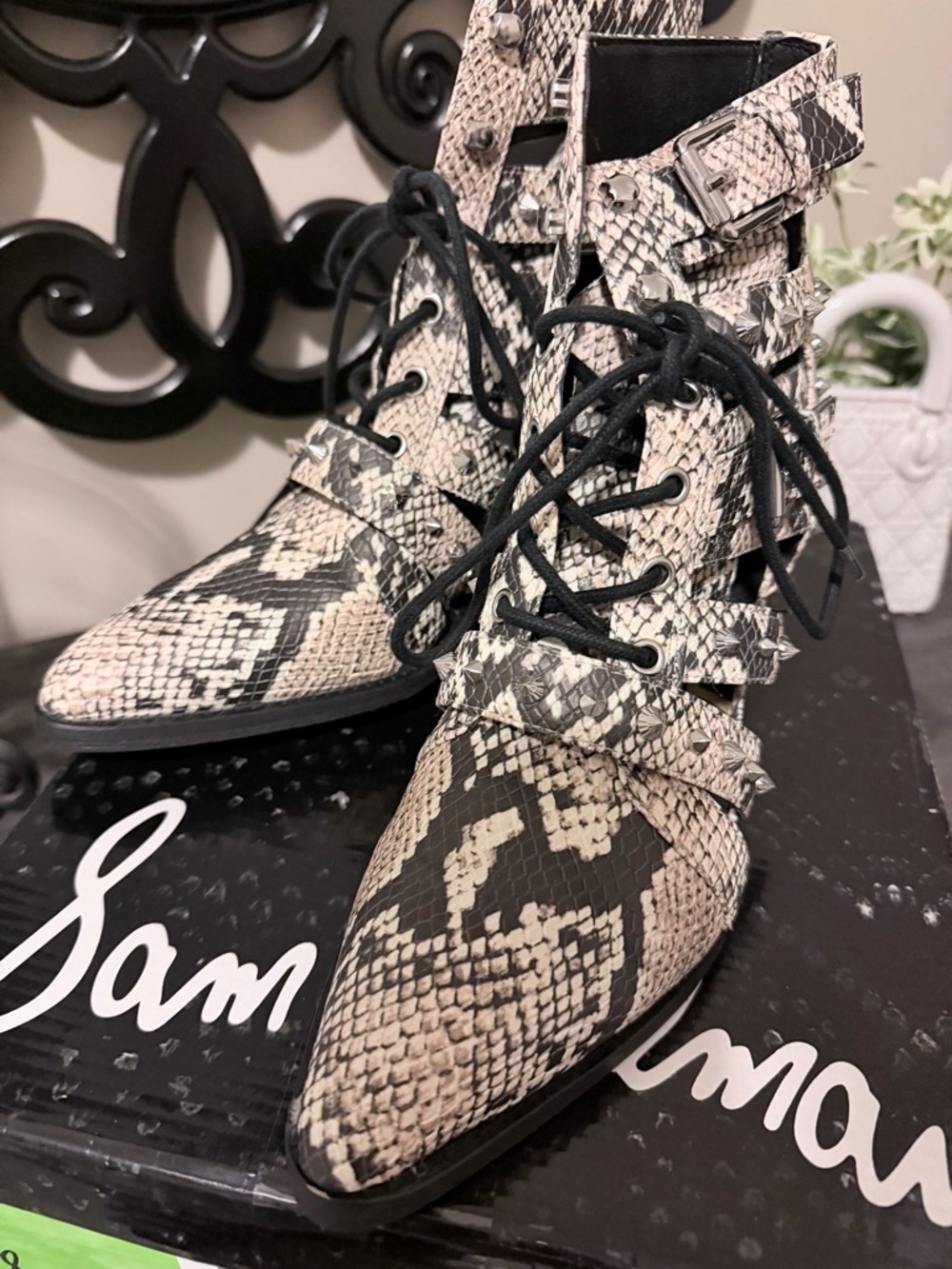 Sam Edelman Elana Beige and Black Snake-Print Lace-Up Ankle Boots